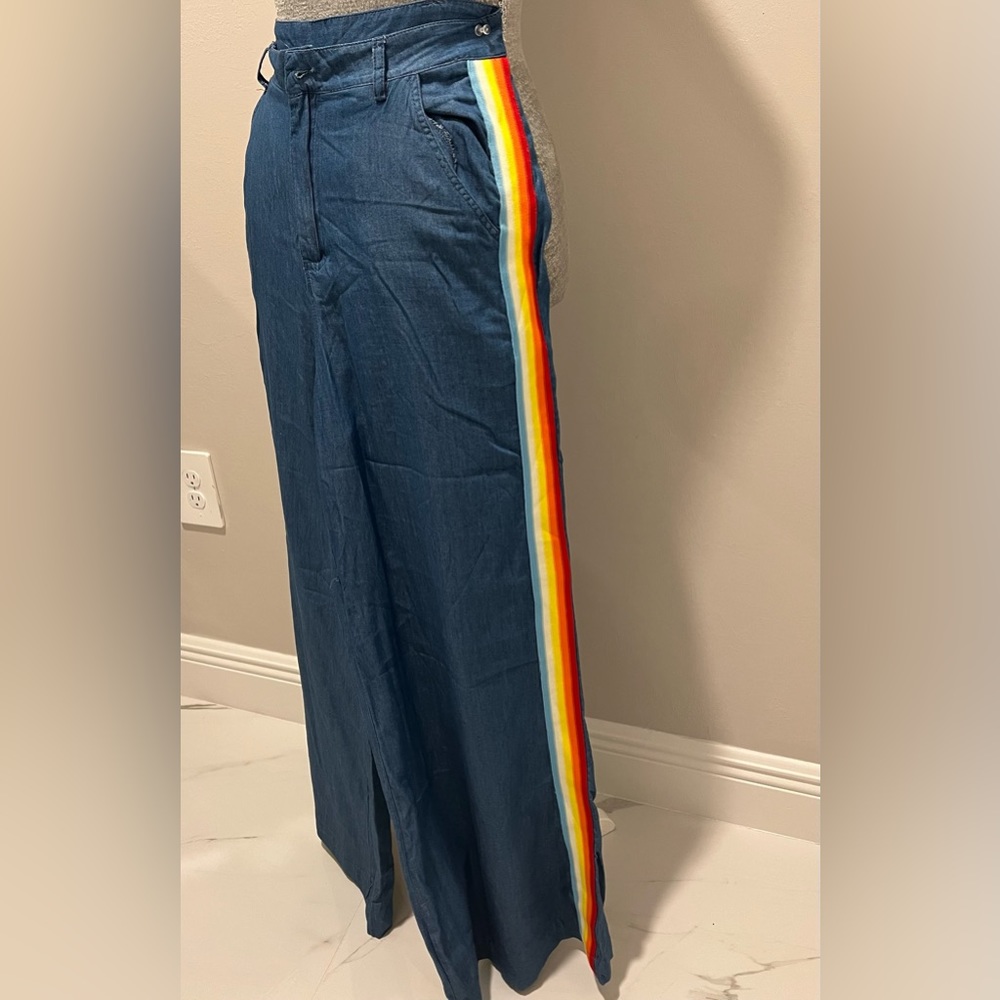 Hot and Delicious Wide Leg pants . Rainbow striped piping